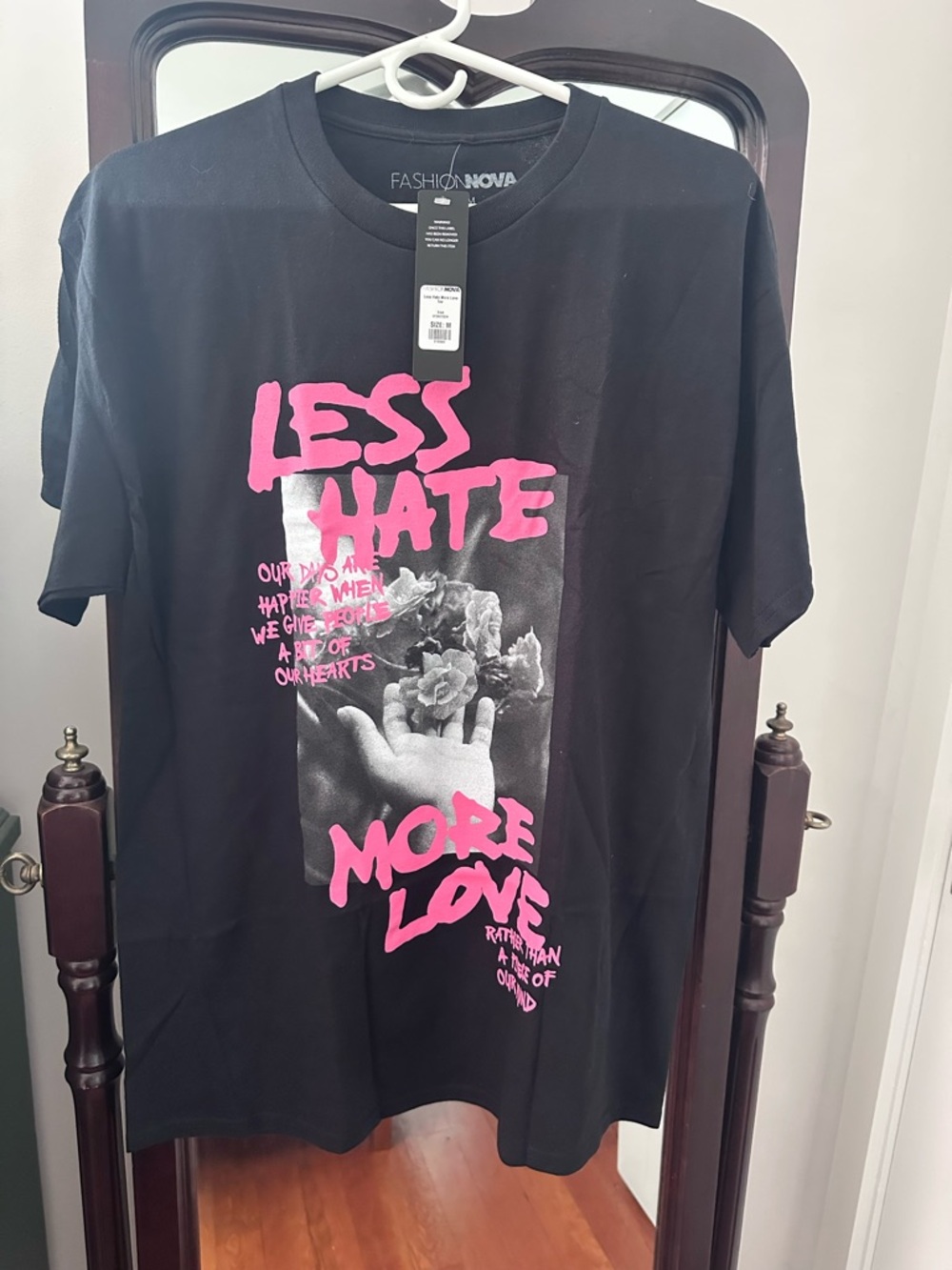Fashion Nova Black Tee with Pink 'Less Hate More Love' Graphic